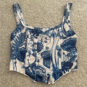 SHEIN Blue and White Botanical Print Crop Top